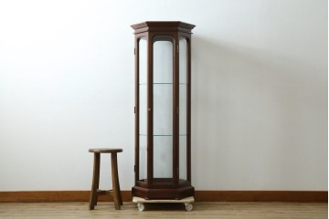 和製ヴィンテージ　美品　希少デザイン!　花梨(カリン)材　六角形の珍しいフォルムが魅力的なガラスケース　(R-087835)