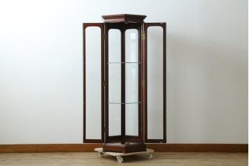 和製ヴィンテージ　美品　希少デザイン!　花梨(カリン)材　六角形の珍しいフォルムが魅力的なガラスケース　(R-087835)