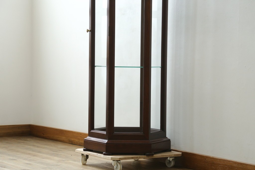 和製ヴィンテージ　美品　希少デザイン!　花梨(カリン)材　六角形の珍しいフォルムが魅力的なガラスケース　(R-087835)
