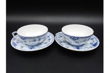 デンマーク製　ROYAL COPENHAGEN(ロイヤルコペンハーゲン)　ブルーフルーテッド　ハーフレース　ティーカップ&ソーサー5客セット　定価(5客合計)約14万8千円　(R-087854)