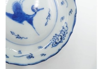 江戸期　須恵焼　古伊万里　3.6寸　染付飛鶴文の皿5枚セット　(R-087875)