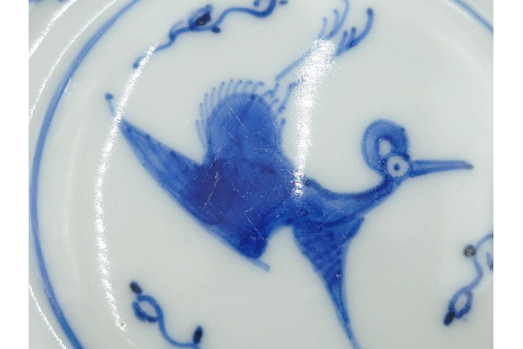 江戸期　須恵焼　古伊万里　3.6寸　染付飛鶴文の皿5枚セット　(R-087875)
