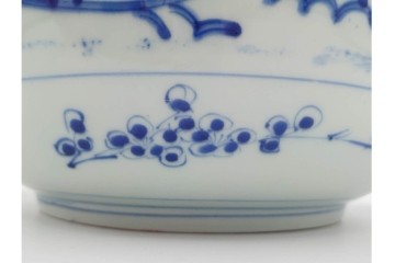 江戸期　古伊万里　染付　直径約33cm　線描で描かれた花唐草と松竹梅が趣深い鉢　(R-087876)