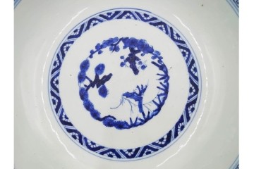 江戸期　上手物　染付　直径約29cm　松竹梅・花唐草・鳳凰の吉祥文様が描かれた鉢　(R-087877)