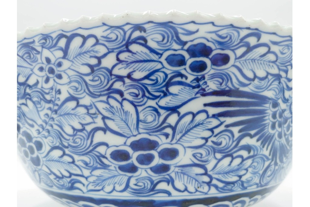 江戸期　上手物　染付　直径約29cm　松竹梅・花唐草・鳳凰の吉祥文様が描かれた鉢　(R-087877)