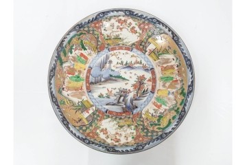 江戸期　古伊万里　金襴手　直径約46cm(1尺5寸)　人物や山水風景が華やかに描かれた大皿　(R-087878)