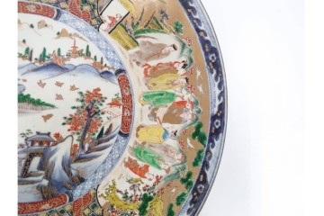 江戸期　古伊万里　金襴手　直径約46cm(1尺5寸)　人物や山水風景が華やかに描かれた大皿　(R-087878)
