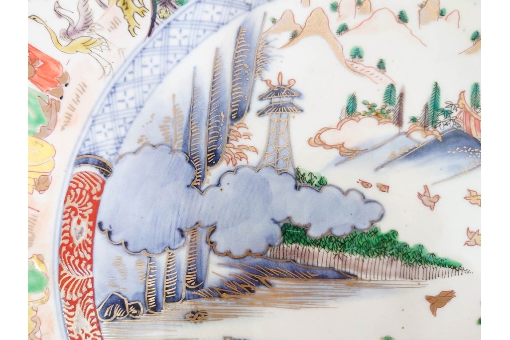 江戸期　古伊万里　金襴手　直径約46cm(1尺5寸)　人物や山水風景が華やかに描かれた大皿　(R-087878)