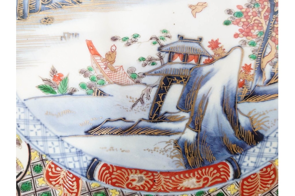江戸期　古伊万里　金襴手　直径約46cm(1尺5寸)　人物や山水風景が華やかに描かれた大皿　(R-087878)