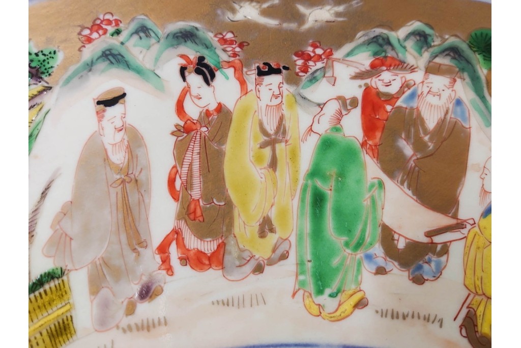 江戸期　古伊万里　金襴手　直径約46cm(1尺5寸)　人物や山水風景が華やかに描かれた大皿　(R-087878)