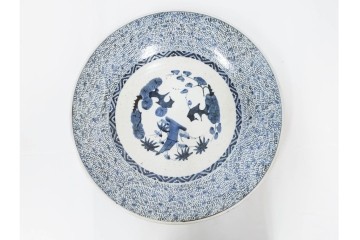 江戸期　染付　直径約45cm(1尺5寸)　微塵唐草文と松竹梅文が目を引く大皿　(R-087880)