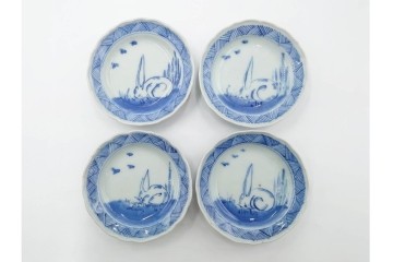 江戸期　古伊万里　染付　直径約8cm(2.7寸)　兎の絵付けが愛らしい豆皿4枚セット　(R-087881)