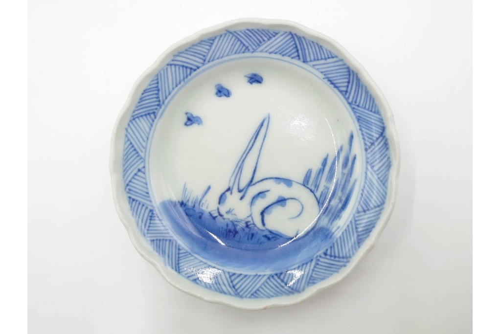 江戸期　古伊万里　染付　直径約8cm(2.7寸)　兎の絵付けが愛らしい豆皿4枚セット　(R-087881)