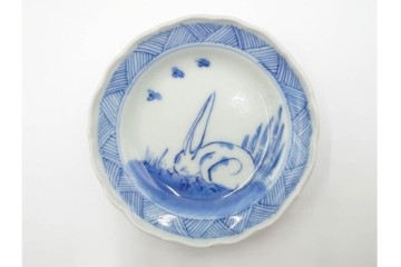 江戸期　古伊万里　染付　直径約8cm(2.7寸)　兎の絵付けが愛らしい豆皿4枚セット　(R-087881)