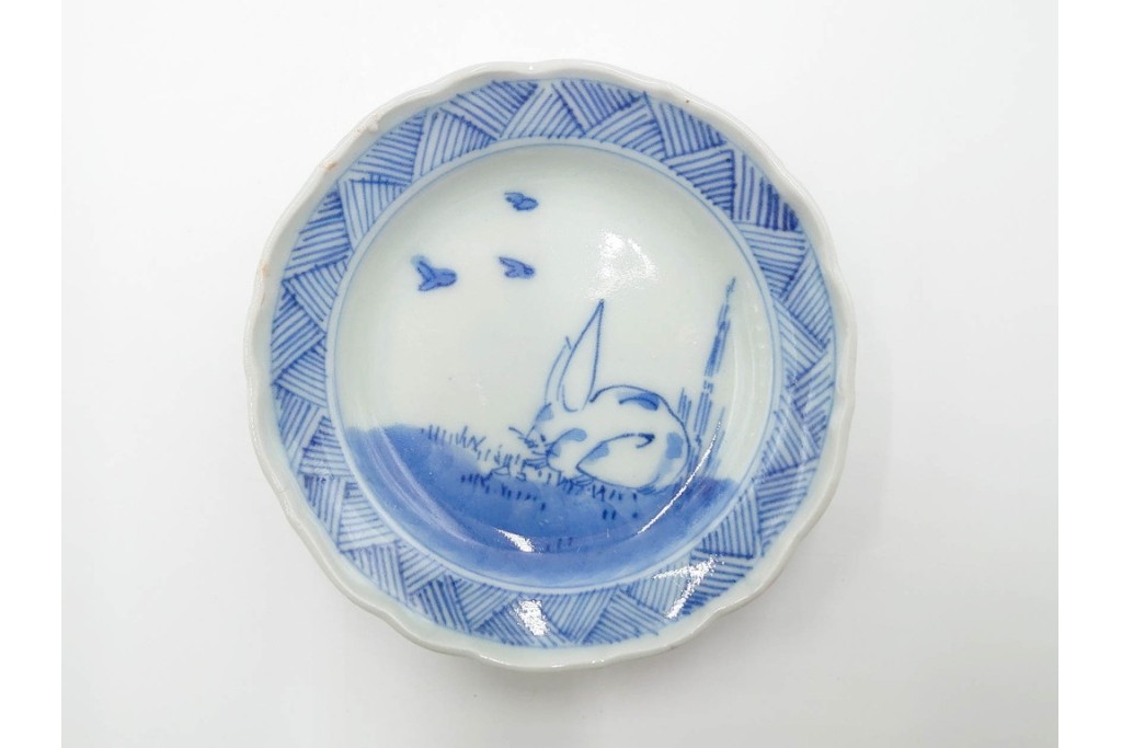 江戸期　古伊万里　染付　直径約8cm(2.7寸)　兎の絵付けが愛らしい豆皿4枚セット　(R-087881)