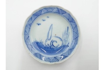 江戸期　古伊万里　染付　直径約8cm(2.7寸)　兎の絵付けが愛らしい豆皿4枚セット　(R-087881)