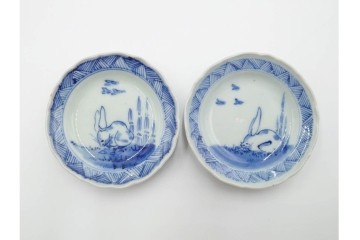 江戸期　古伊万里　染付　直径約8cm(2.7寸)　兎の絵付けが愛らしい豆皿5枚セット　(R-087882)