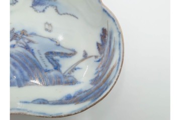 江戸期　古伊万里　染付・金彩　山水図が趣深い変形皿4枚セット　(R-087883)