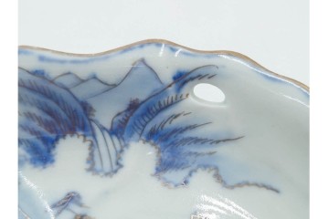 江戸期　古伊万里　染付・金彩　山水図が趣深い変形皿4枚セット　(R-087883)