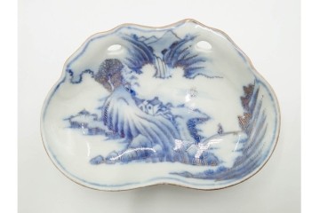 江戸期　古伊万里　染付・金彩　山水図が趣深い変形皿4枚セット　(R-087883)