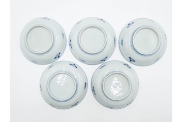 江戸期　古伊万里　染付　直径約12cm(4寸)　南蛮船の絵付けが印象的な小皿5枚セット　(R-087884)