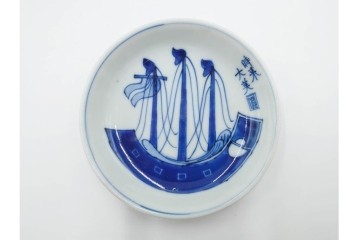 江戸期　古伊万里　染付　直径約12cm(4寸)　南蛮船の絵付けが印象的な小皿5枚セット　(R-087884)