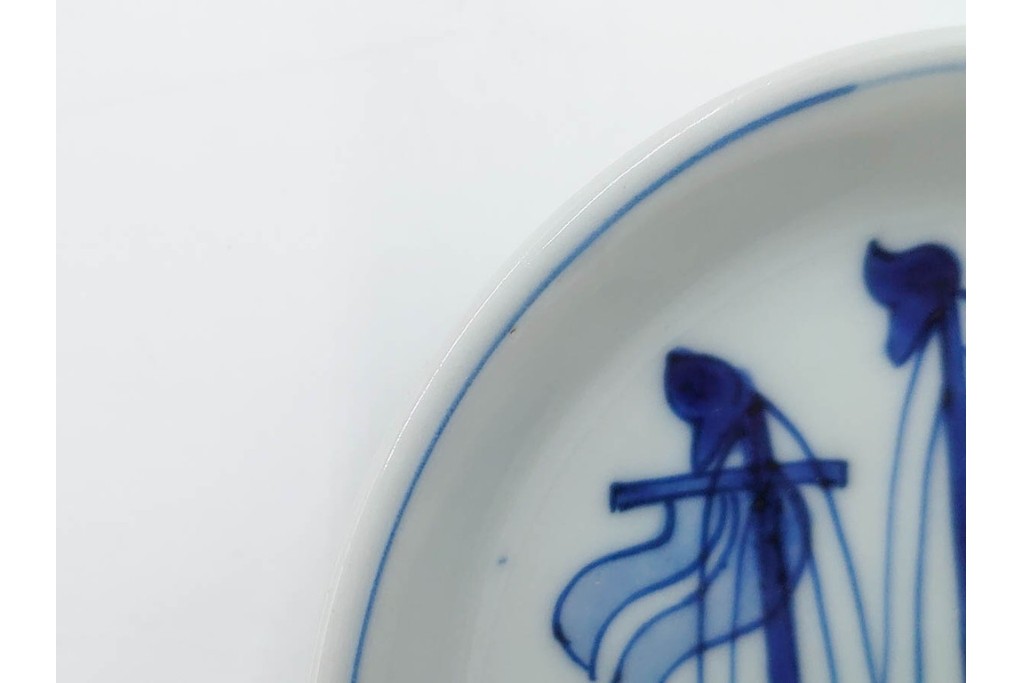 江戸期　古伊万里　染付　直径約12cm(4寸)　南蛮船の絵付けが印象的な小皿5枚セット　(R-087884)