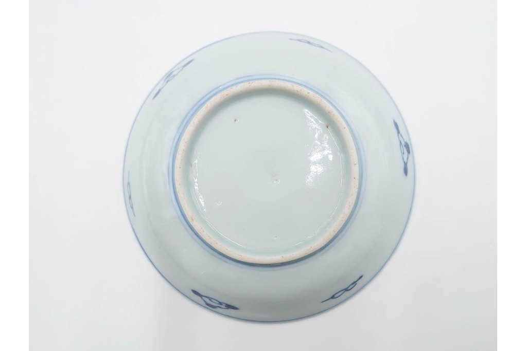江戸期　古伊万里　染付　直径約12cm(4寸)　南蛮船の絵付けが印象的な小皿5枚セット　(R-087884)