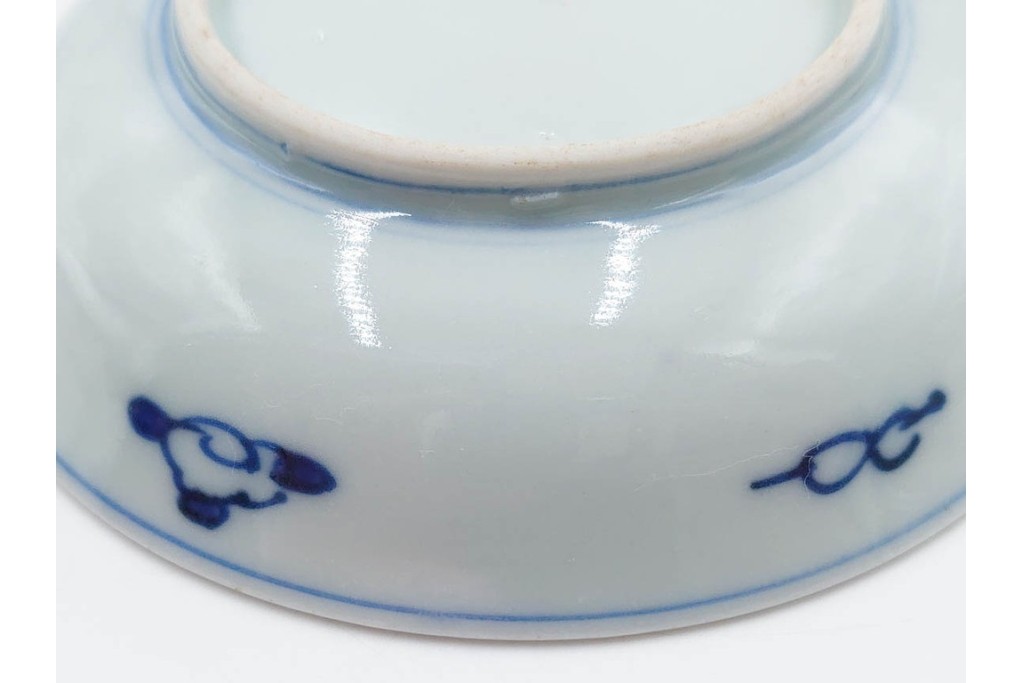 江戸期　古伊万里　染付　直径約12cm(4寸)　南蛮船の絵付けが印象的な小皿5枚セット　(R-087884)