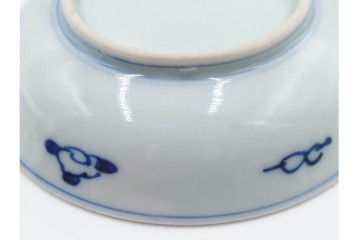 江戸期　古伊万里　染付　直径約12cm(4寸)　南蛮船の絵付けが印象的な小皿5枚セット　(R-087884)