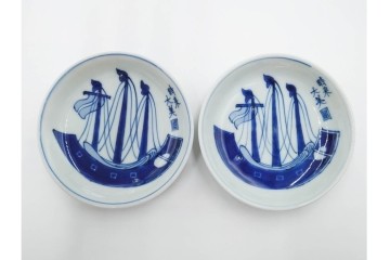 江戸期　古伊万里　染付　直径約12cm(4寸)　南蛮船の絵付けが印象的な小皿5枚セット　(R-087884)