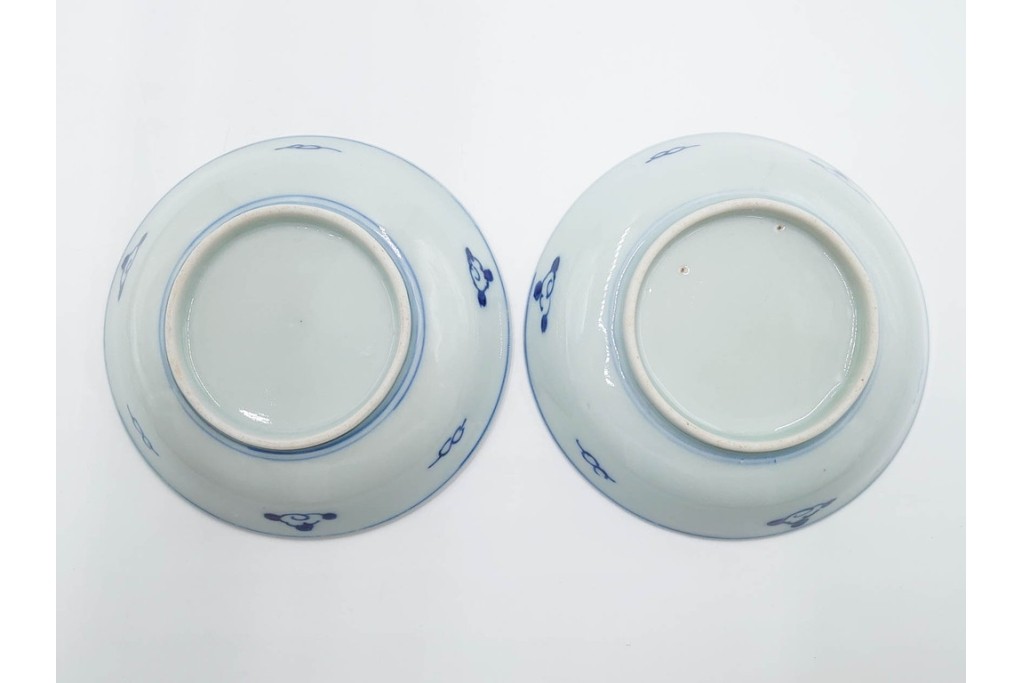 江戸期　古伊万里　染付　直径約12cm(4寸)　南蛮船の絵付けが印象的な小皿5枚セット　(R-087884)