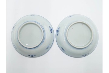 江戸期　古伊万里　染付　直径約12cm(4寸)　南蛮船の絵付けが印象的な小皿5枚セット　(R-087884)
