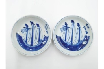 江戸期　古伊万里　染付　直径約12cm(4寸)　南蛮船の絵付けが印象的な小皿5枚セット　(R-087884)