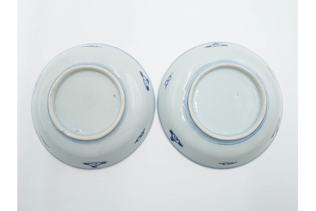 江戸期　古伊万里　染付　直径約12cm(4寸)　南蛮船の絵付けが印象的な小皿5枚セット　(R-087884)