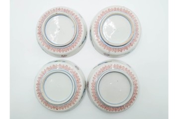 江戸期　古伊万里　直径約13cm(4.2寸)　染錦で描かれた花唐草文が華やかな小皿4枚セット　(R-087885)