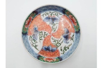 江戸期　古伊万里　直径約13cm(4.2寸)　染錦で描かれた花唐草文が華やかな小皿4枚セット　(R-087885)