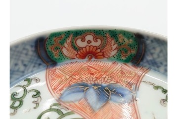 江戸期　古伊万里　直径約13cm(4.2寸)　染錦で描かれた花唐草文が華やかな小皿4枚セット　(R-087885)