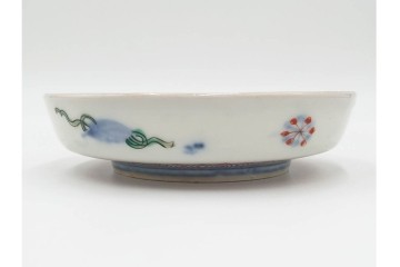 江戸期　古伊万里　直径約13cm(4.2寸)　染錦で描かれた花唐草文が華やかな小皿4枚セット　(R-087885)