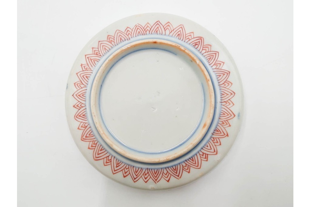 江戸期　古伊万里　直径約13cm(4.2寸)　染錦で描かれた花唐草文が華やかな小皿4枚セット　(R-087885)