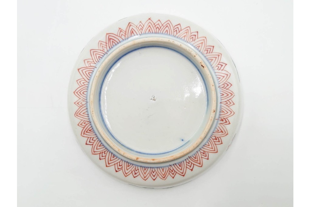 江戸期　古伊万里　直径約13cm(4.2寸)　染錦で描かれた花唐草文が華やかな小皿4枚セット　(R-087885)