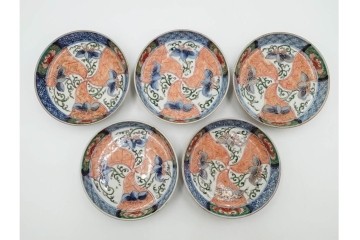 江戸期　古伊万里　直径約13cm(4.2寸)　染錦で描かれた花唐草文が華やかな小皿5枚セット　(R-087886)