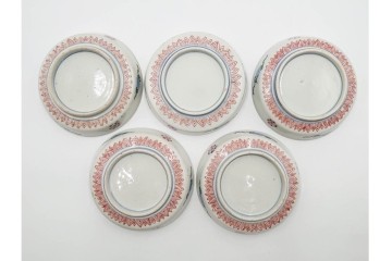 江戸期　古伊万里　直径約13cm(4.2寸)　染錦で描かれた花唐草文が華やかな小皿5枚セット　(R-087886)