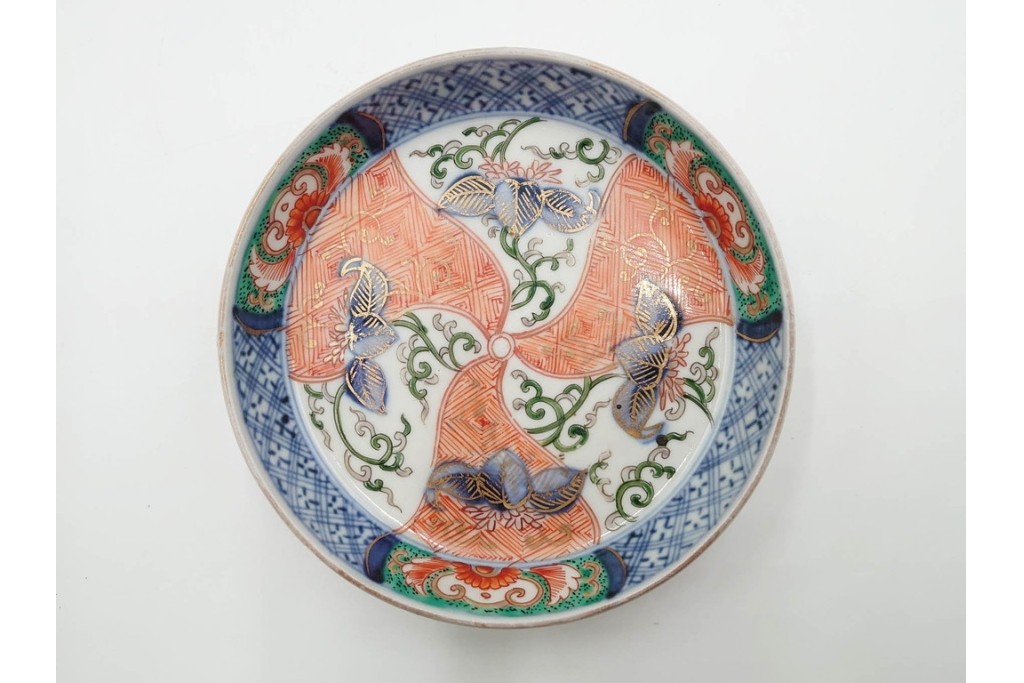 江戸期　古伊万里　直径約13cm(4.2寸)　染錦で描かれた花唐草文が華やかな小皿5枚セット　(R-087886)