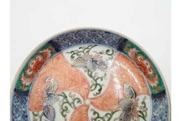 江戸期　古伊万里　直径約13cm(4.2寸)　染錦で描かれた花唐草文が華やかな小皿5枚セット　(R-087886)