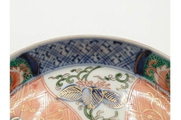 江戸期　古伊万里　直径約13cm(4.2寸)　染錦で描かれた花唐草文が華やかな小皿5枚セット　(R-087886)