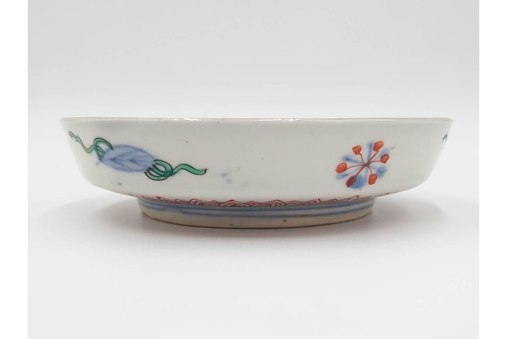 江戸期　古伊万里　直径約13cm(4.2寸)　染錦で描かれた花唐草文が華やかな小皿5枚セット　(R-087886)