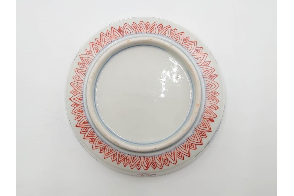 江戸期　古伊万里　直径約13cm(4.2寸)　染錦で描かれた花唐草文が華やかな小皿5枚セット　(R-087886)