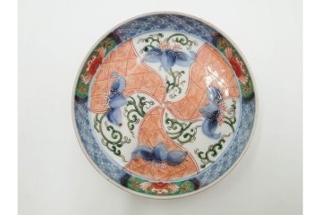 江戸期　古伊万里　直径約13cm(4.2寸)　染錦で描かれた花唐草文が華やかな小皿5枚セット　(R-087886)