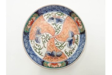 江戸期　古伊万里　直径約13cm(4.2寸)　染錦で描かれた花唐草文が華やかな小皿5枚セット　(R-087886)